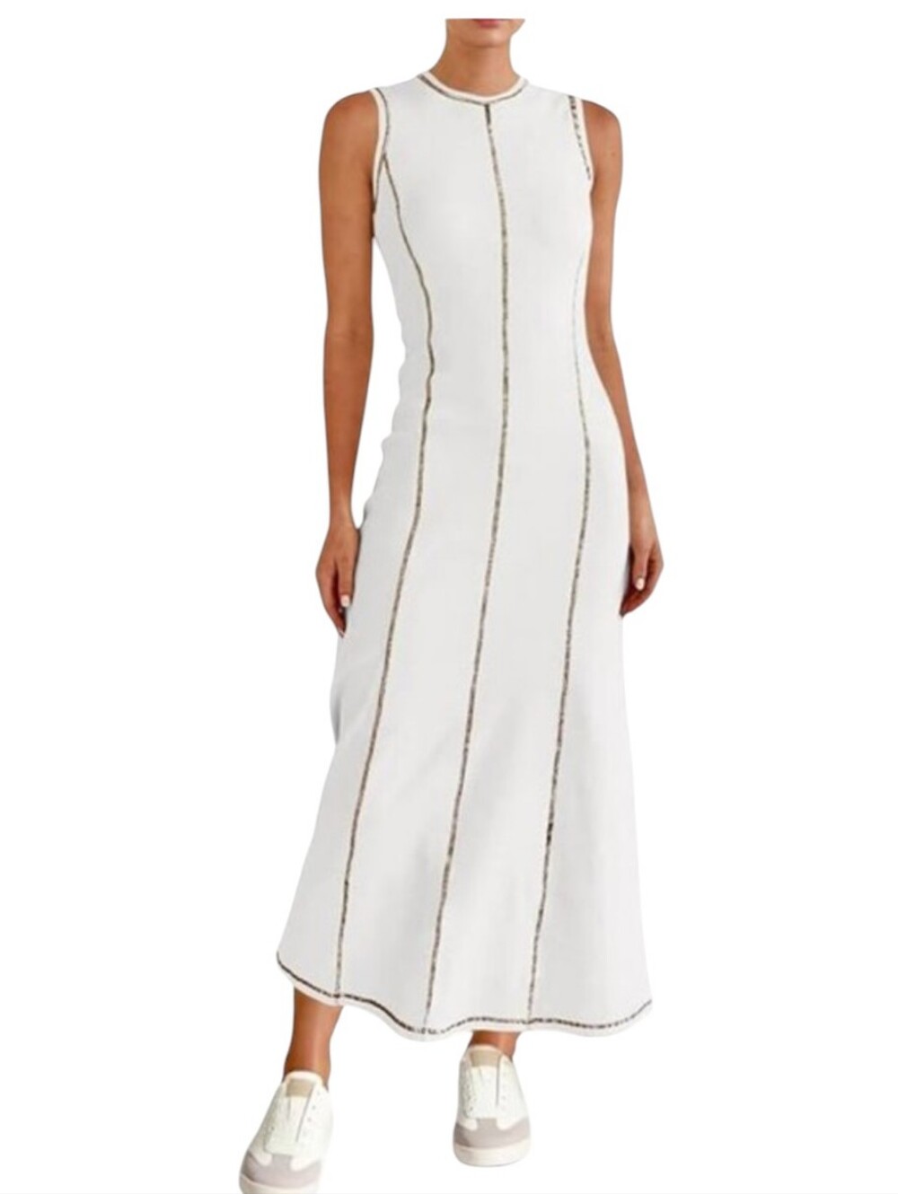 Contrast Stitch Ribbed Knit Maxi Dress